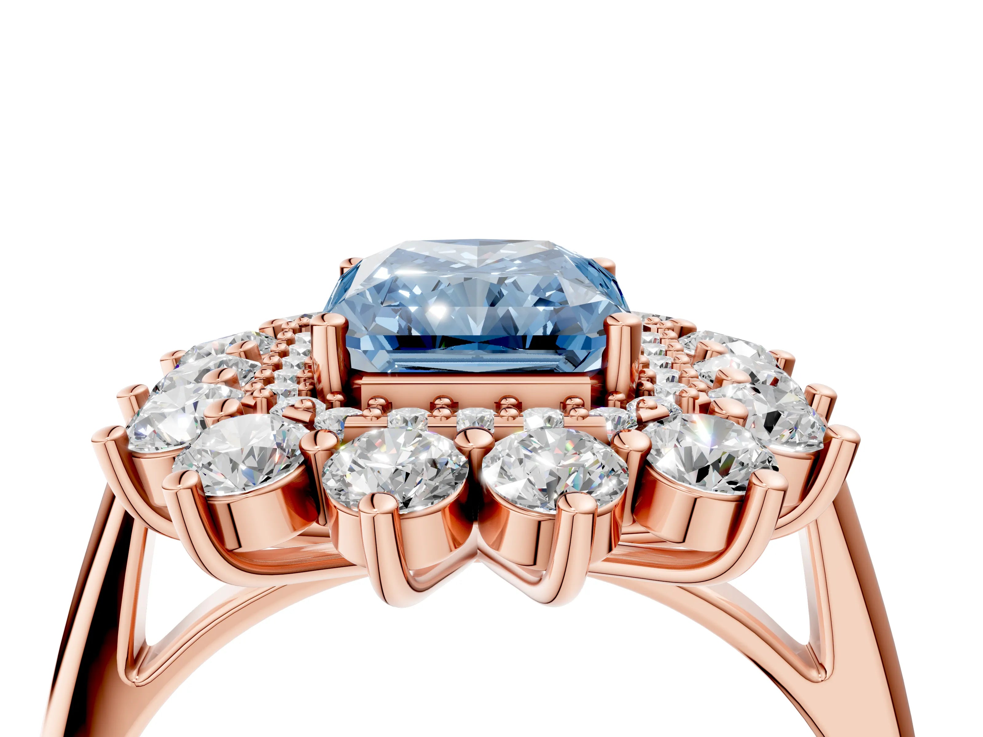 Rose gold Fancy Blue Radiant Cut Halo Cluster Diamond Ring with Pave Band and Four-Prong Setting_16