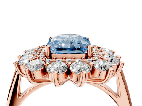 Rose gold Fancy Blue Radiant Cut Halo Cluster Diamond Ring with Pave Band and Four-Prong Setting_16