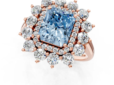 Rose gold Fancy Blue Radiant Cut Halo Cluster Diamond Ring with Pave Band and Four-Prong Setting_1