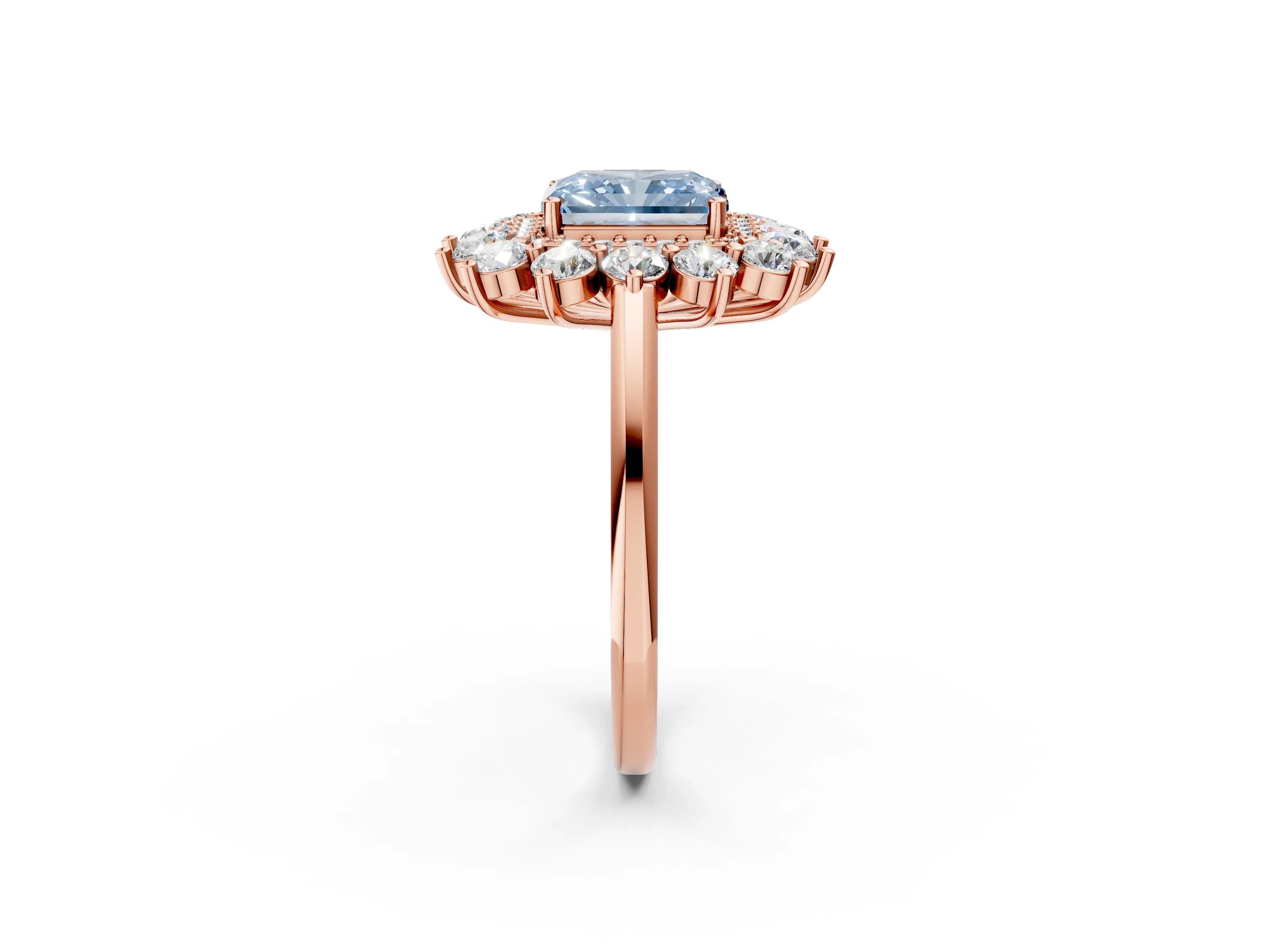 Rose gold Fancy Blue Radiant Cut Halo Cluster Diamond Ring with Pave Band and Four-Prong Setting_2