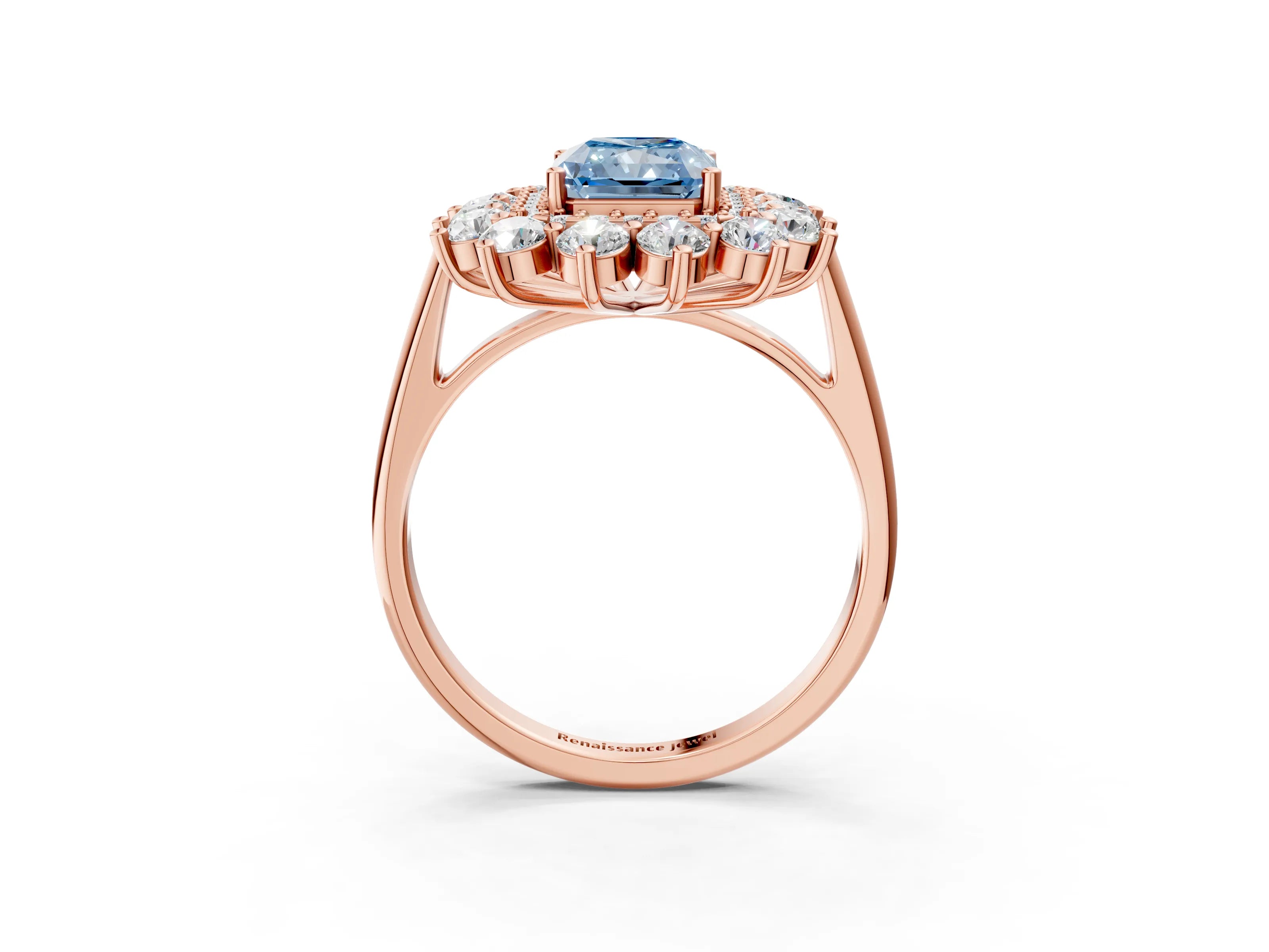 Rose gold Fancy Blue Radiant Cut Halo Cluster Diamond Ring with Pave Band and Four-Prong Setting_3