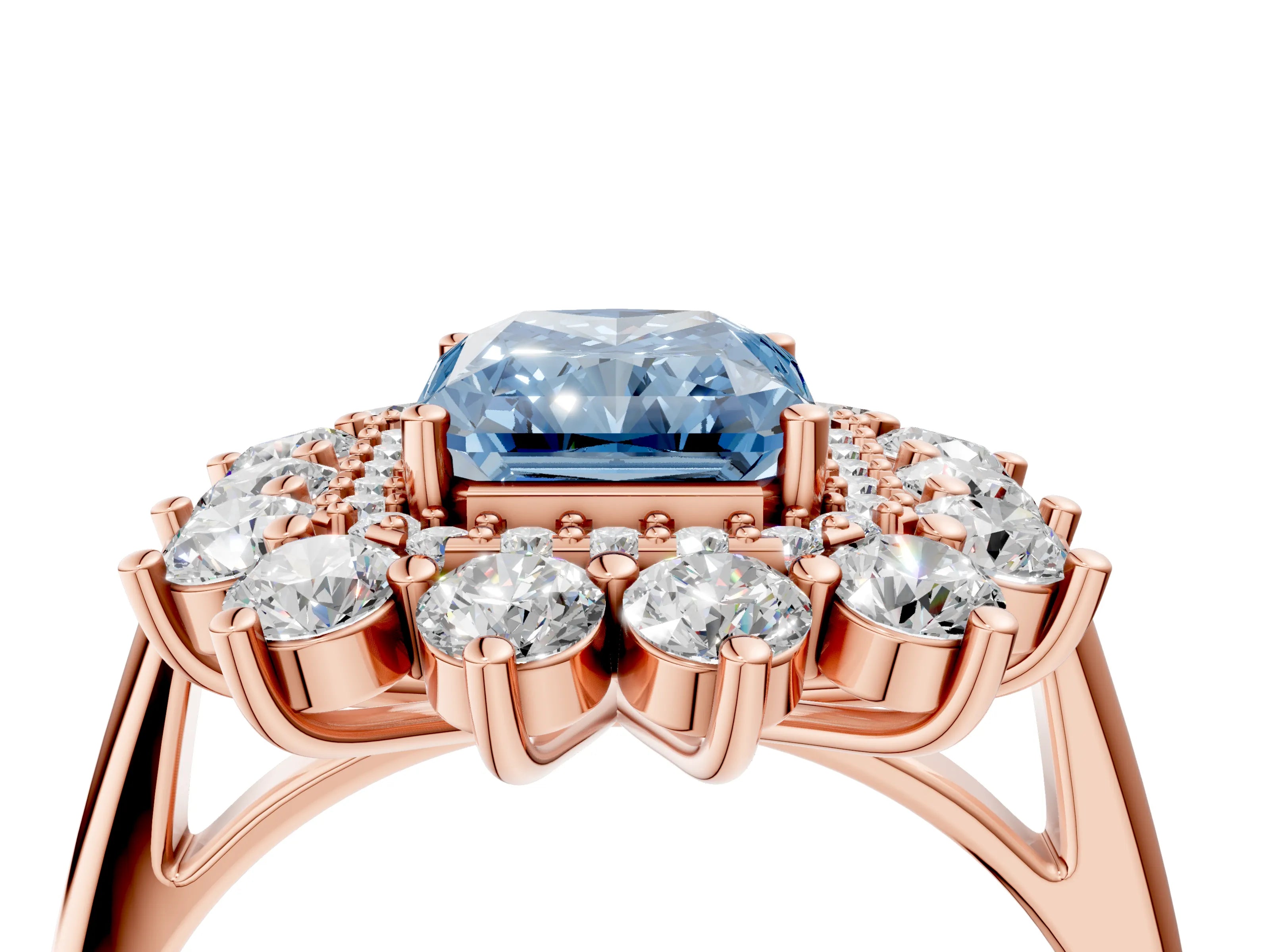 Rose gold Fancy Blue Radiant Cut Halo Cluster Diamond Ring with Pave Band and Four-Prong Setting_4