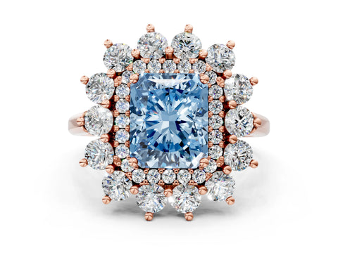 Rose gold Fancy Blue Radiant Cut Halo Cluster Diamond Ring with Pave Band and Four-Prong Setting