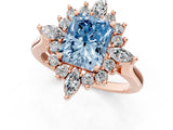 Rose gold Fancy Blue Radiant Cut Halo Diamond Cluster Ring with Marquise and Round Stones on a White Gold Band with Prong Setting_1