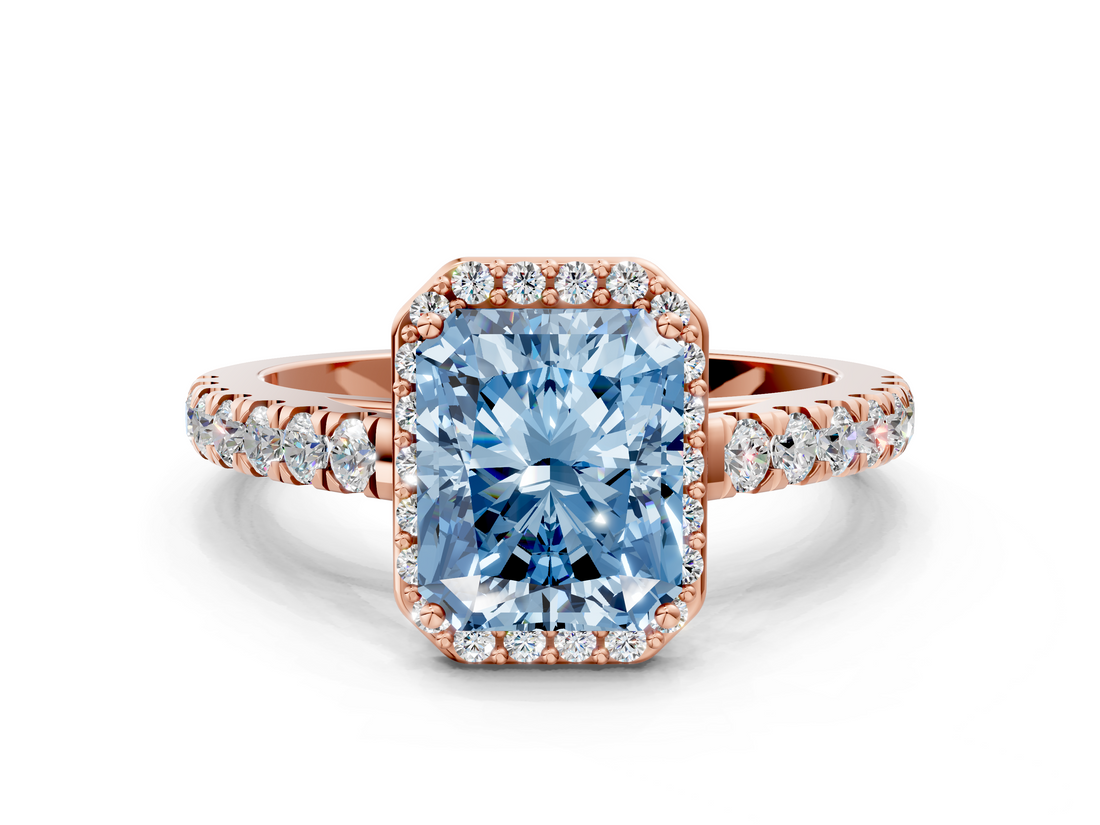 Rose gold Fancy Blue Radiant  Cut Halo Diamond Engagement Ring with Pave Band and Four-Prong Setting_28