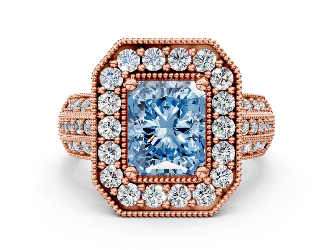 Rose gold Fancy Blue Radiant Cut Halo Diamond Engagement Ring with Pave Split Shank and Four-Prong Setting_12