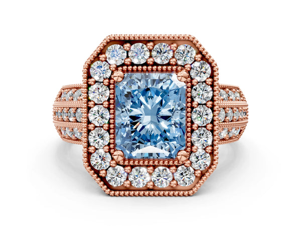 Rose gold Fancy Blue Radiant Cut Halo Diamond Engagement Ring with Pave Split Shank and Four-Prong Setting