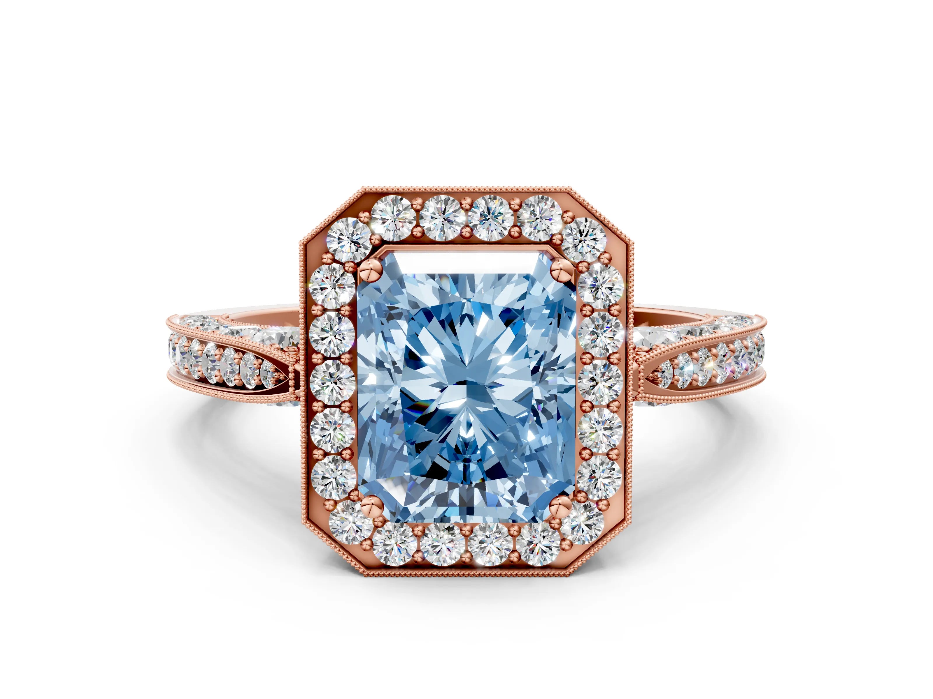 Rose gold Fancy Blue Radiant Cut Halo Diamond Engagement Ring with Split Shank Band and Four-Prong Setting