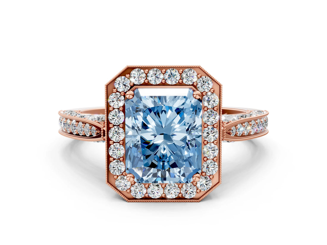 Rose gold Fancy Blue Radiant Cut Halo Diamond Engagement Ring with Split Shank Band and Four-Prong Setting