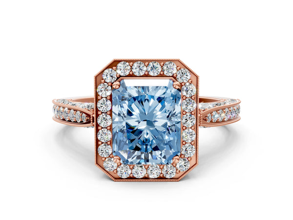 Rose gold Fancy Blue Radiant Cut Halo Diamond Engagement Ring with Split Shank Band and Four-Prong Setting
