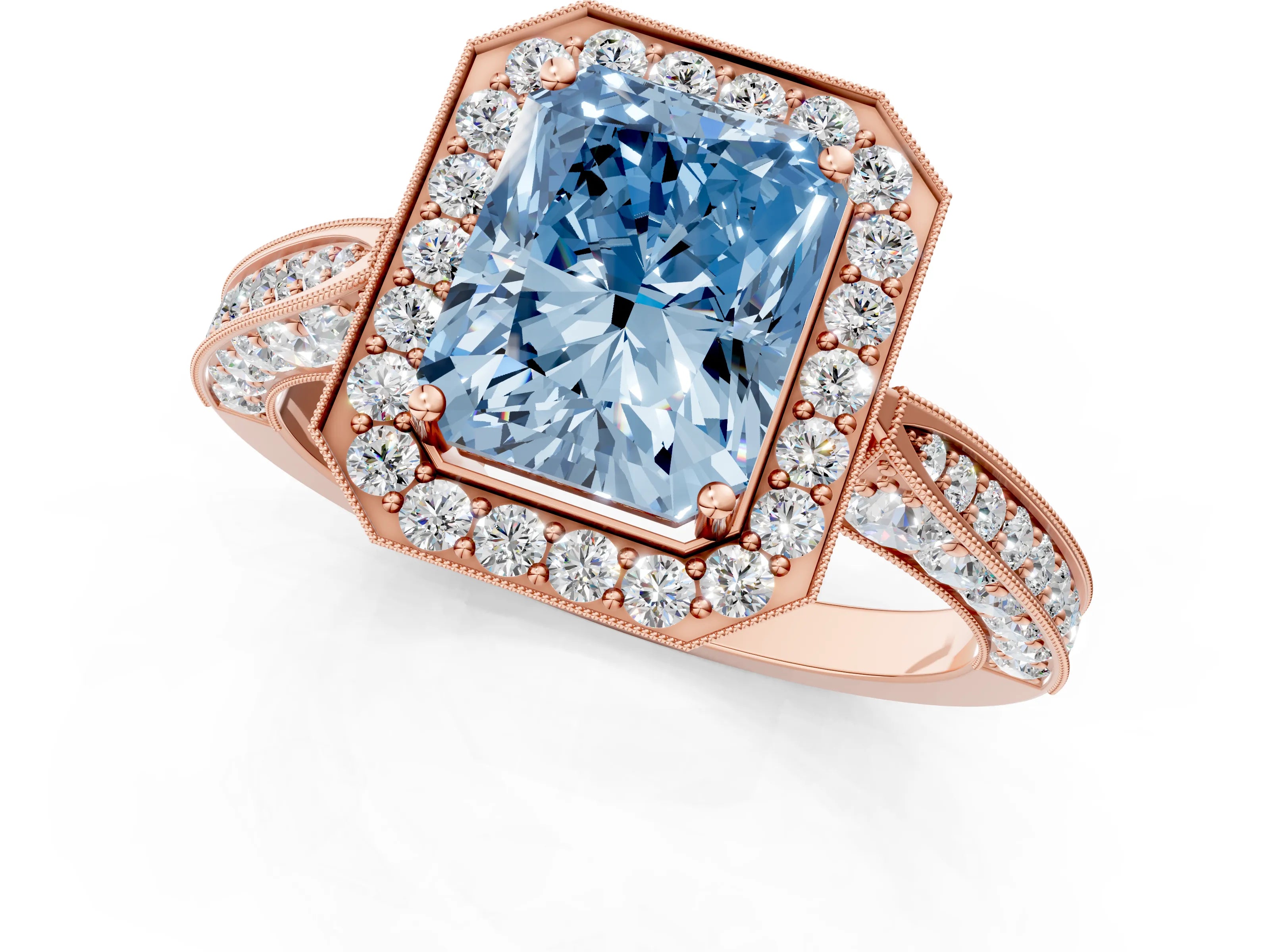 Rose gold Fancy Blue Radiant Cut Halo Diamond Engagement Ring with Split Shank Band and Four-Prong Setting_1