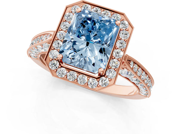 Rose gold Fancy Blue Radiant Cut Halo Diamond Engagement Ring with Split Shank Band and Four-Prong Setting