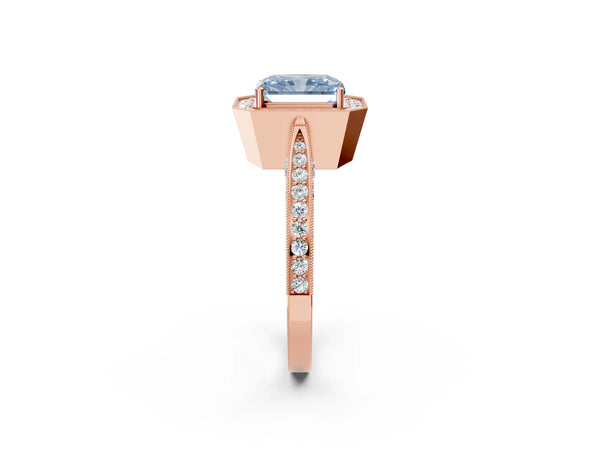 Rose gold Fancy Blue Radiant Cut Halo Diamond Engagement Ring with Split Shank Band and Four-Prong Setting