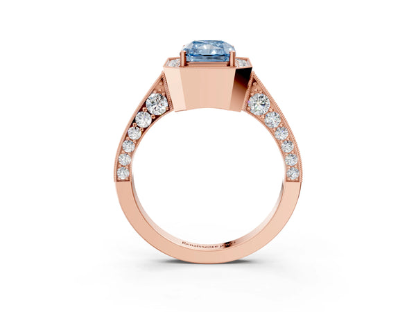 Rose gold Fancy Blue Radiant Cut Halo Diamond Engagement Ring with Split Shank Band and Four-Prong Setting