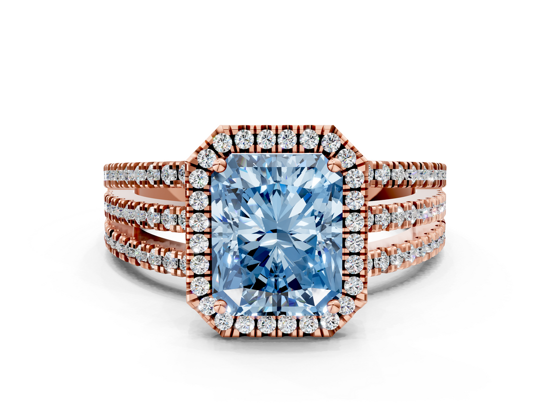 Rose gold Fancy Blue Radiant  Cut Halo Diamond Engagement Ring with Split Shank and Four-Prong Setting_20