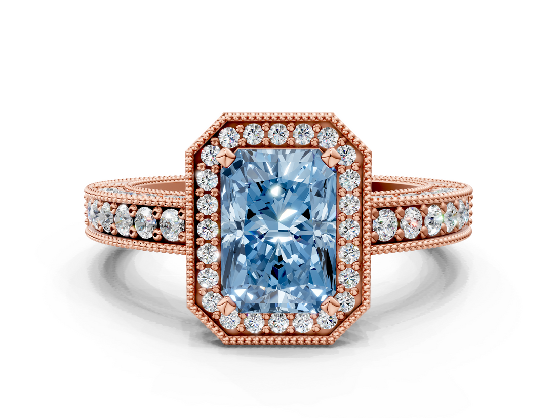 Rose gold Fancy Blue Radiant  Cut Halo Diamond Pave Band Ring with Four-Prong Setting_54