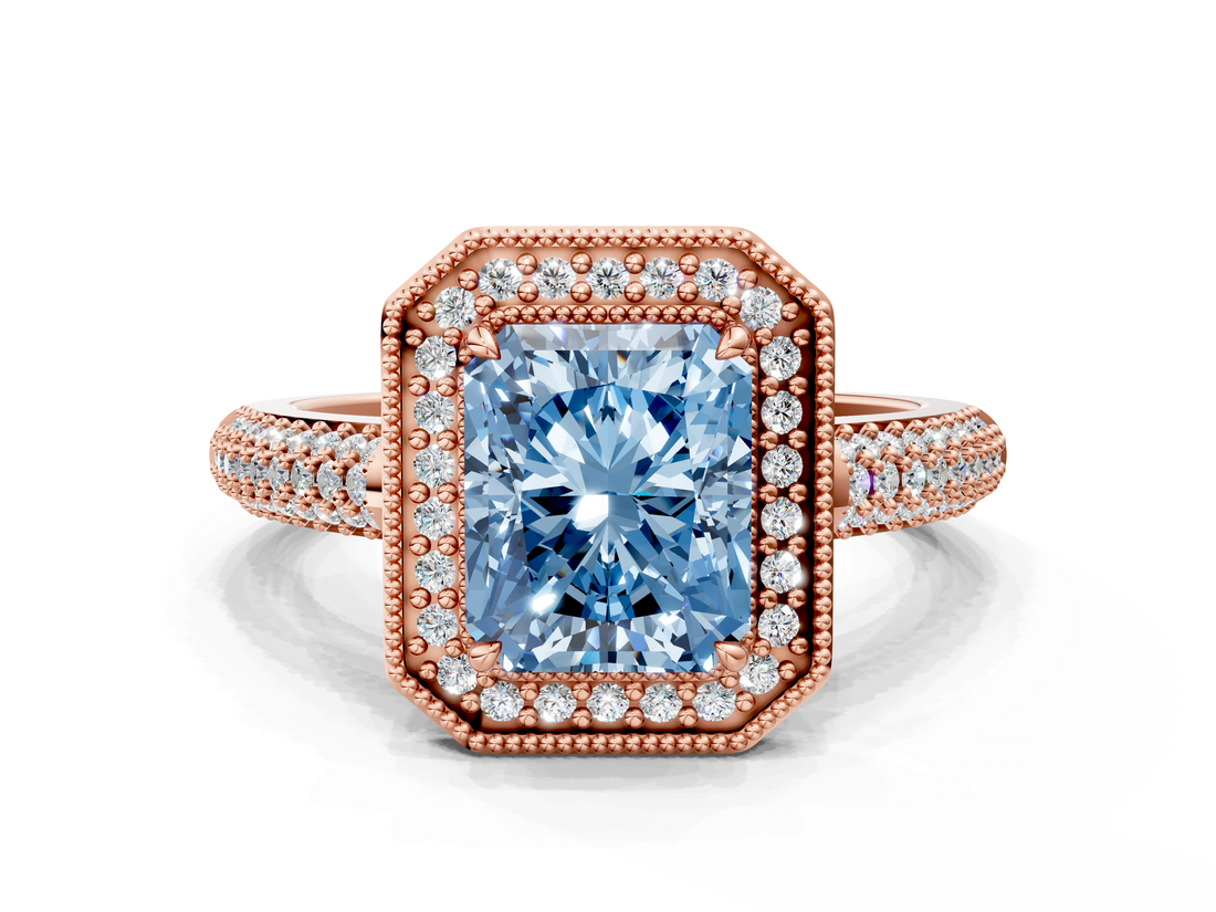 Rose gold Fancy Blue Radiant  Cut Halo Diamond Pave Band with Four-Prong Setting_37