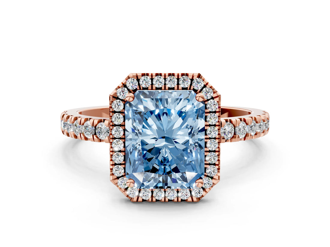 Rose gold Fancy Blue Radiant Cut Halo Diamond Pave Band with Prong Setting
