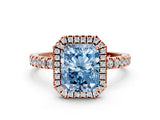 Rose gold Fancy Blue Radiant Cut Halo Diamond Pave Band with Prong Setting