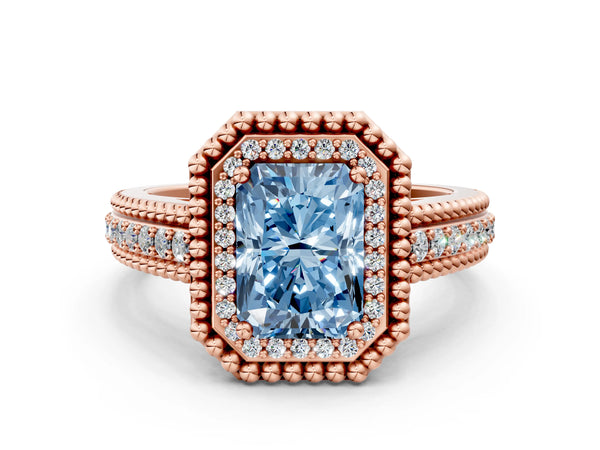 Rose Gold Radiant Cut Beaded Halo Engagement Ring Setting for Fancy Blue Center with Pave