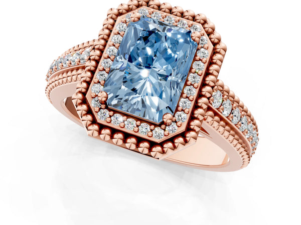Rose Gold Radiant Cut Beaded Halo Engagement Ring Setting for Fancy Blue Center with Pave
