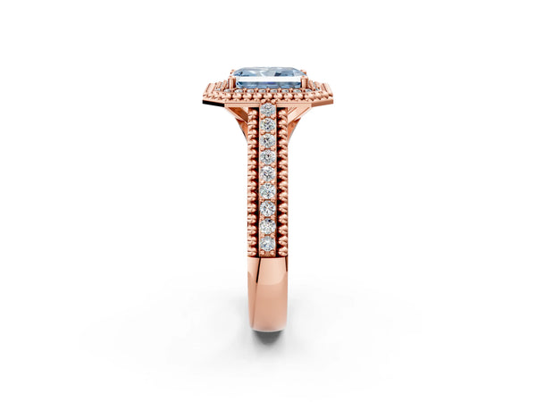 Rose Gold Radiant Cut Beaded Halo Engagement Ring Setting for Fancy Blue Center with Pave