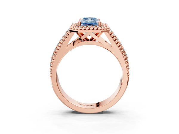 Rose Gold Radiant Cut Beaded Halo Engagement Ring Setting for Fancy Blue Center with Pave