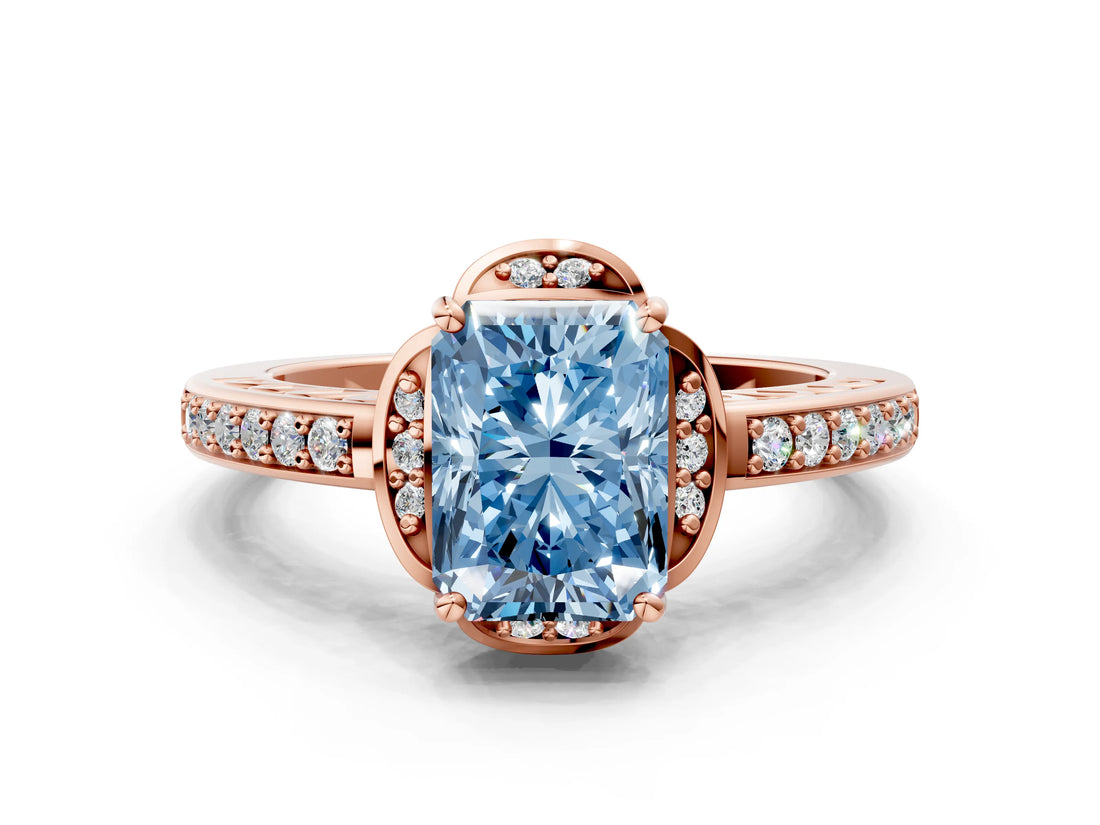 Rose gold Fancy Blue Radiant  Cut Halo Diamond Ring with Channel Set Band and Four-Prong Setting_32