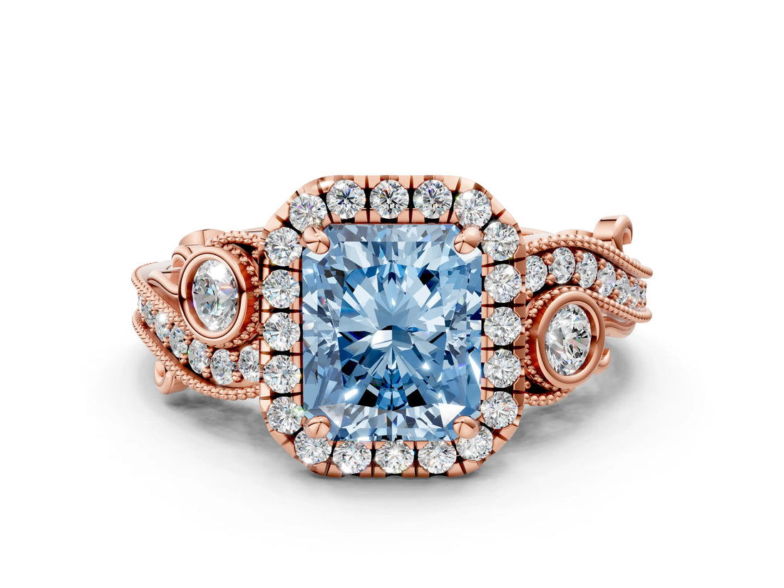 Rose gold Fancy Blue Radiant Cut Halo Diamond Ring with Milgrain and Bezel Accents on a Split Shank Band_12