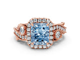 Rose gold Fancy Blue Radiant Cut Halo Diamond Ring with Milgrain and Bezel Accents on a Split Shank Band_12