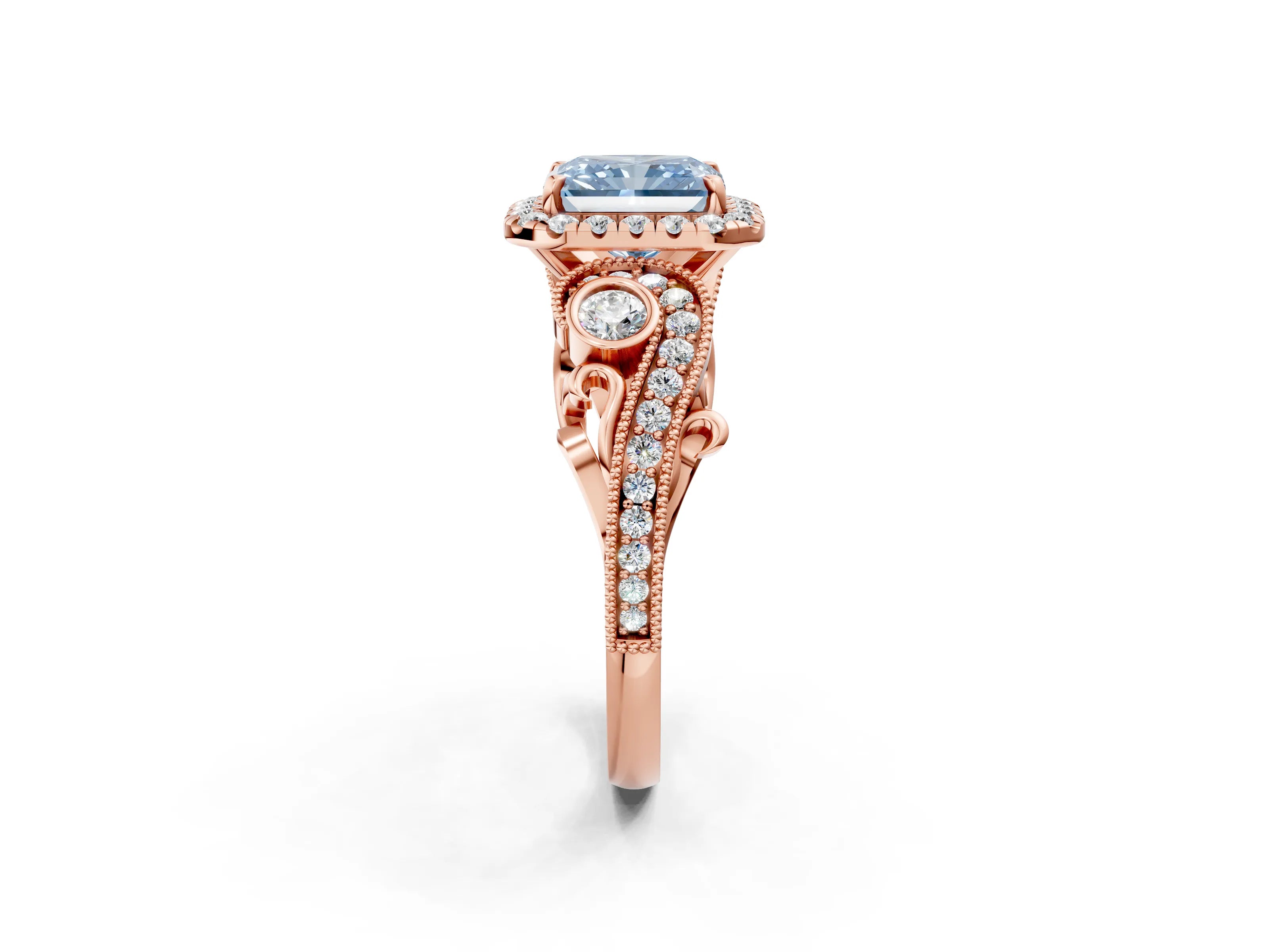 Rose gold Fancy Blue Radiant Cut Halo Diamond Ring with Milgrain and Bezel Accents on a Split Shank Band_2