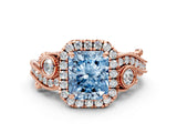 Rose gold Fancy Blue Radiant Cut Halo Diamond Ring with Milgrain and Bezel Accents on a Split Shank Band_24