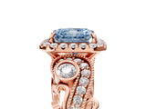 Rose gold Fancy Blue Radiant Cut Halo Diamond Ring with Milgrain and Bezel Accents on a Split Shank Band_29