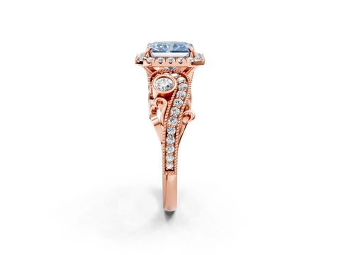 Rose gold Fancy Blue Radiant Cut Halo Diamond Ring with Milgrain and Bezel Accents on a Split Shank Band_2