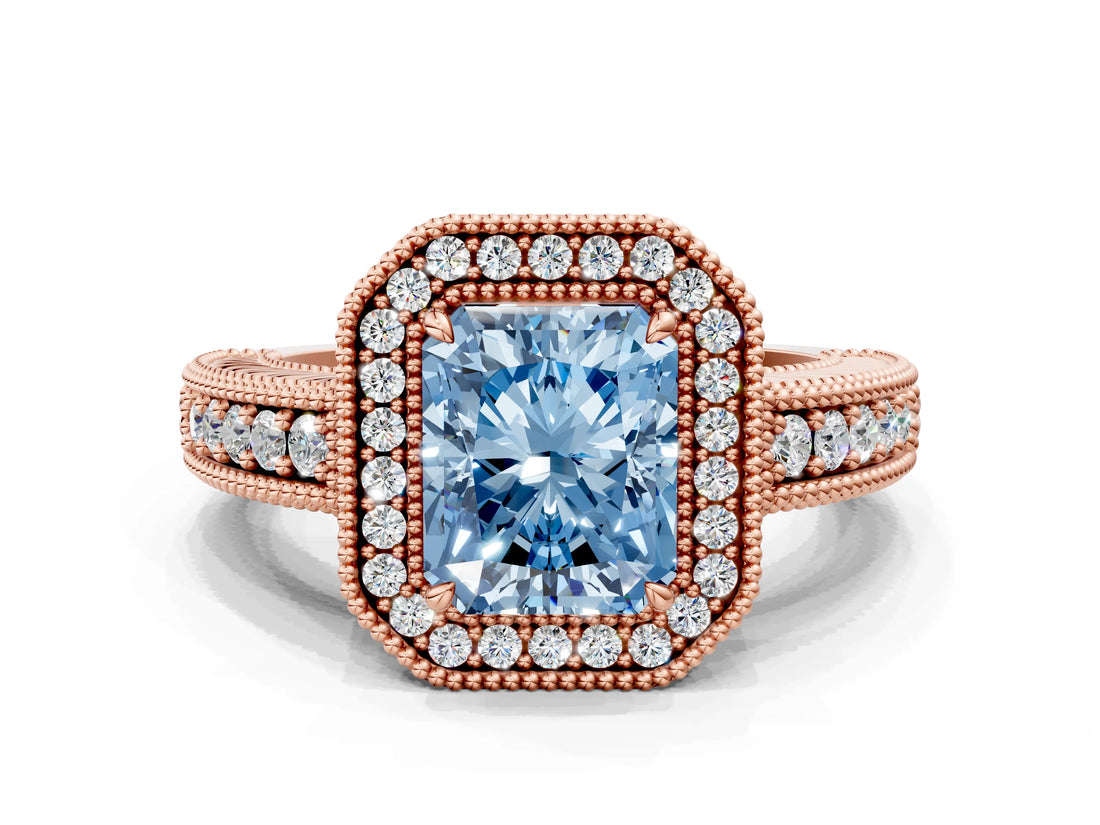 Rose gold Fancy Blue Radiant  Cut Halo Diamond Ring with Pavé Band and Four-Prong Setting_52