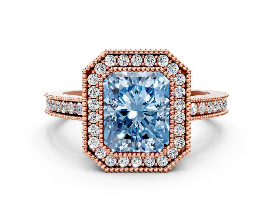 Rose gold Fancy Blue Radiant  Cut Halo Diamond Ring with Pavé Band and Milgrain Prong Setting_32