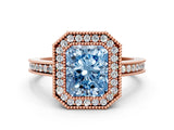Rose gold Fancy Blue Radiant  Cut Halo Diamond Ring with Pavé Band and Milgrain Prong Setting_32