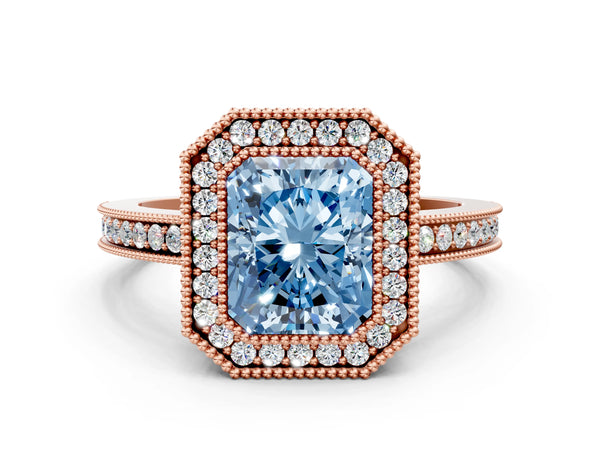 Rose gold Fancy Blue Radiant  Cut Halo Diamond Ring with Pavé Band and Milgrain Prong Setting
