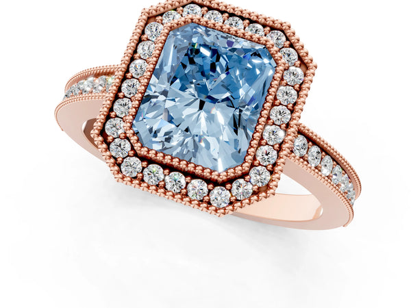 Rose gold Fancy Blue Radiant  Cut Halo Diamond Ring with Pavé Band and Milgrain Prong Setting