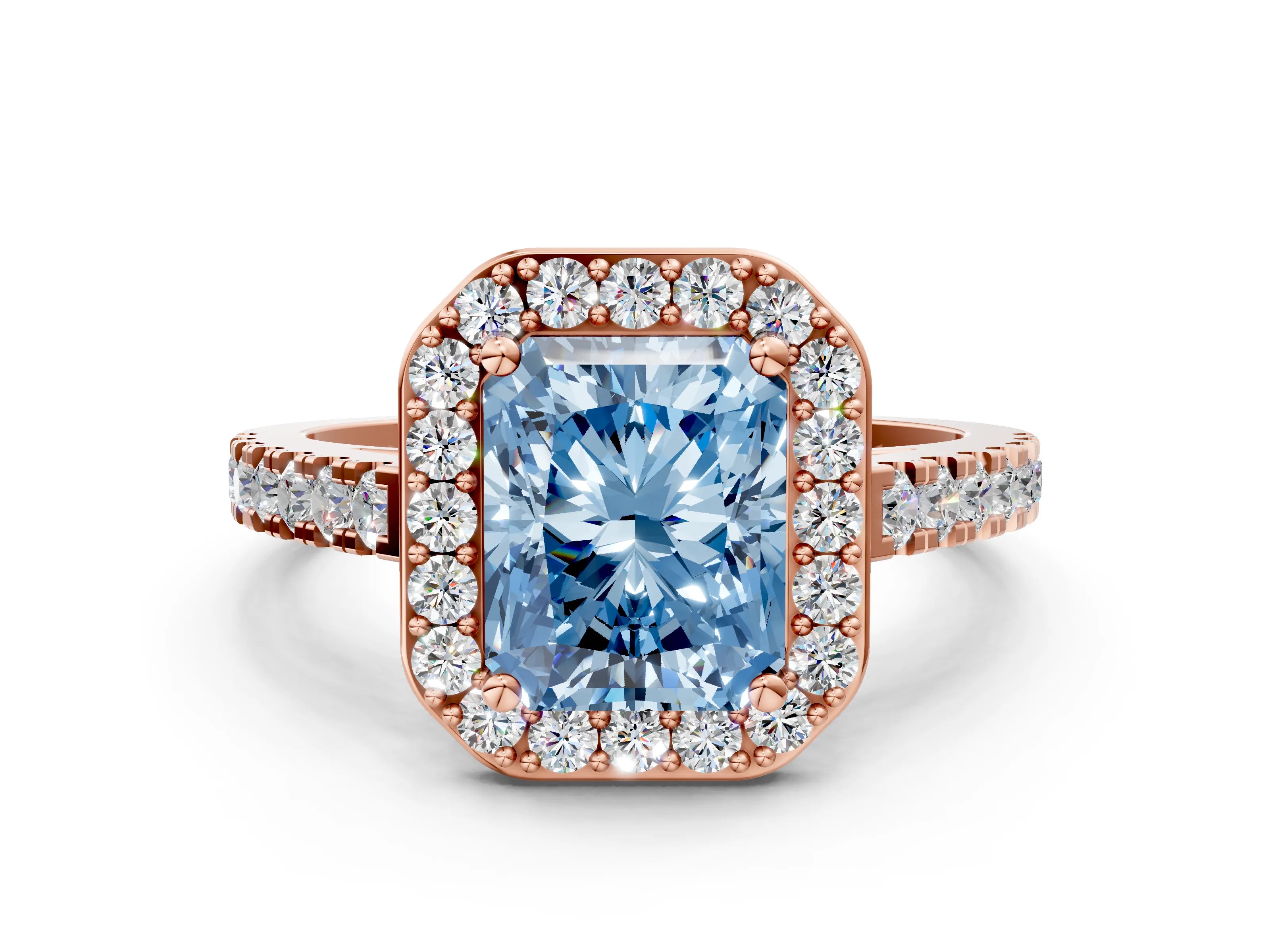 Rose gold Fancy Blue Radiant Cut Halo Diamond Ring with Pavé Band and Three-Prong Setting