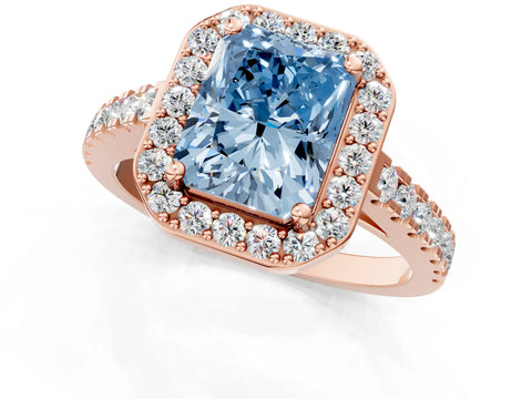 Rose gold Fancy Blue Radiant Cut Halo Diamond Ring with Pavé Band and Three-Prong Setting_1
