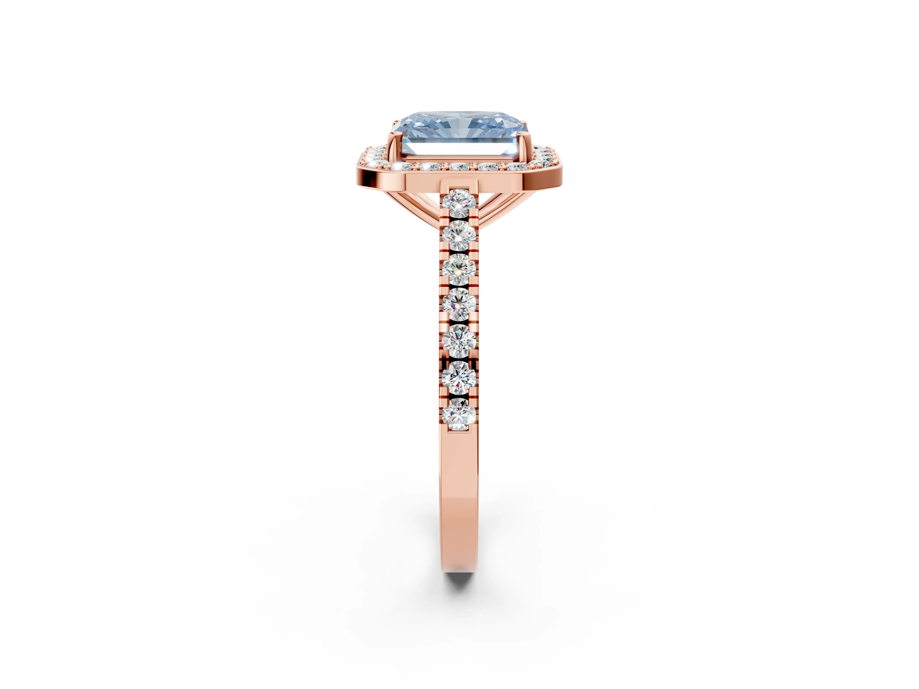 Rose gold Fancy Blue Radiant Cut Halo Diamond Ring with Pavé Band and Three-Prong Setting_2