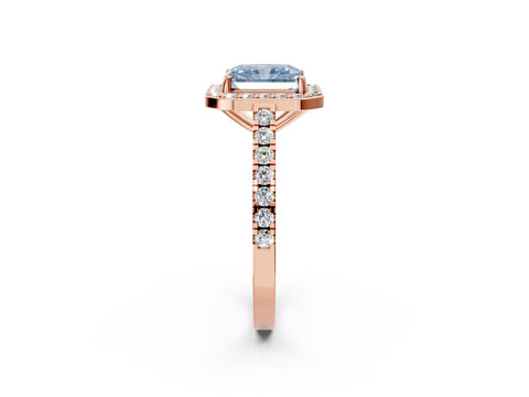 Rose gold Fancy Blue Radiant Cut Halo Diamond Ring with Pavé Band and Three-Prong Setting_2