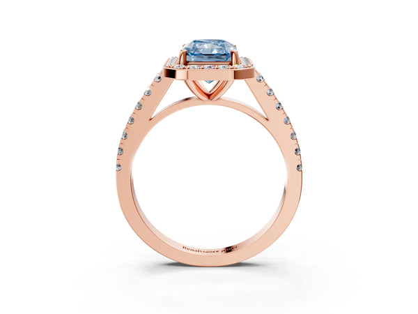 Rose Gold Radiant Cut Pave Halo Engagement Ring Setting for Fancy Blue Center