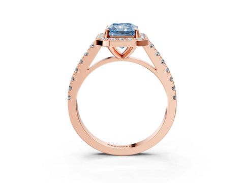 Rose gold Fancy Blue Radiant Cut Halo Diamond Ring with Pavé Band and Three-Prong Setting_3