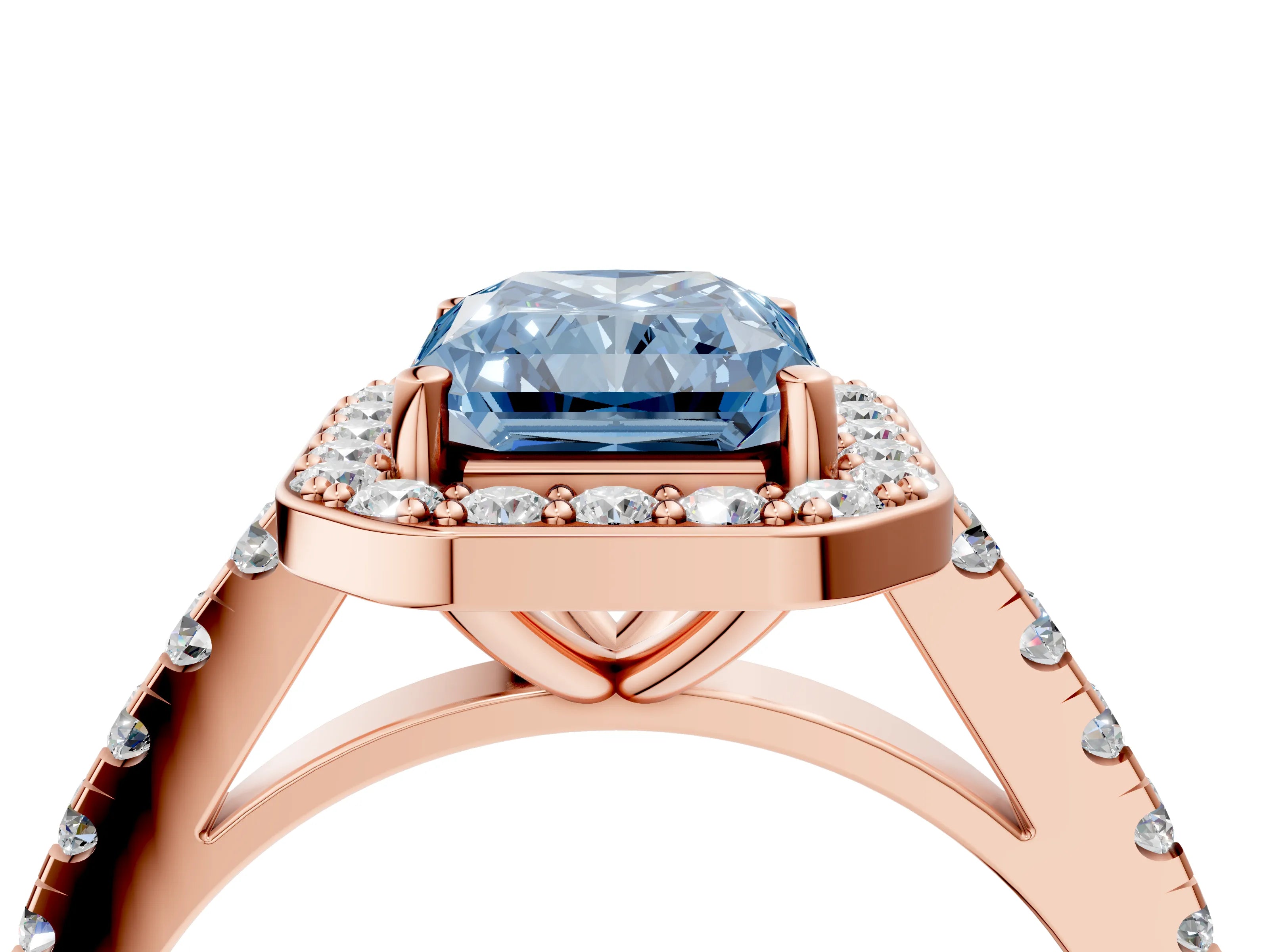 Rose gold Fancy Blue Radiant Cut Halo Diamond Ring with Pavé Band and Three-Prong Setting_4