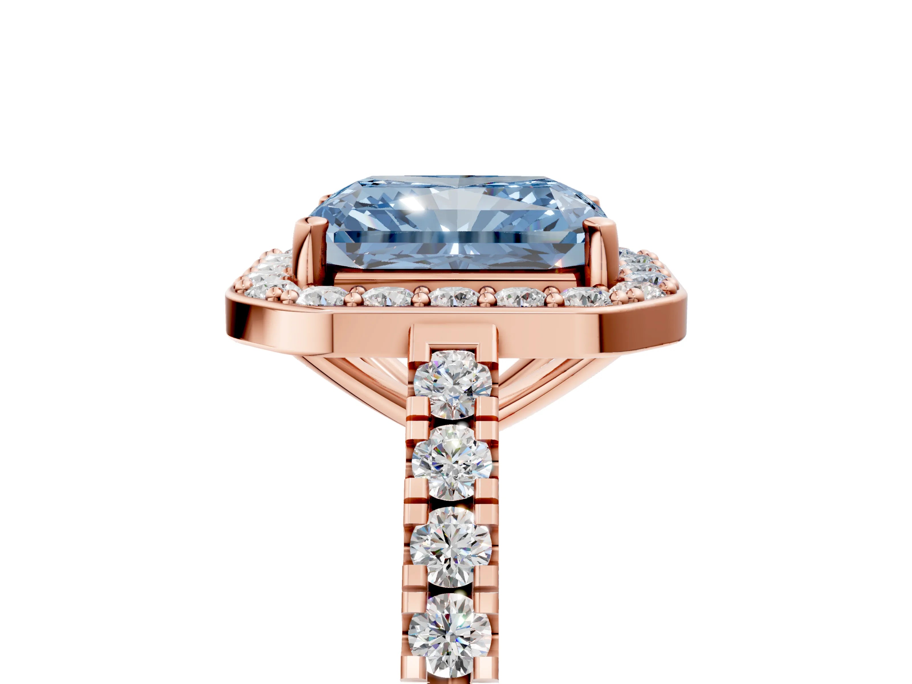 Rose gold Fancy Blue Radiant Cut Halo Diamond Ring with Pavé Band and Three-Prong Setting_5