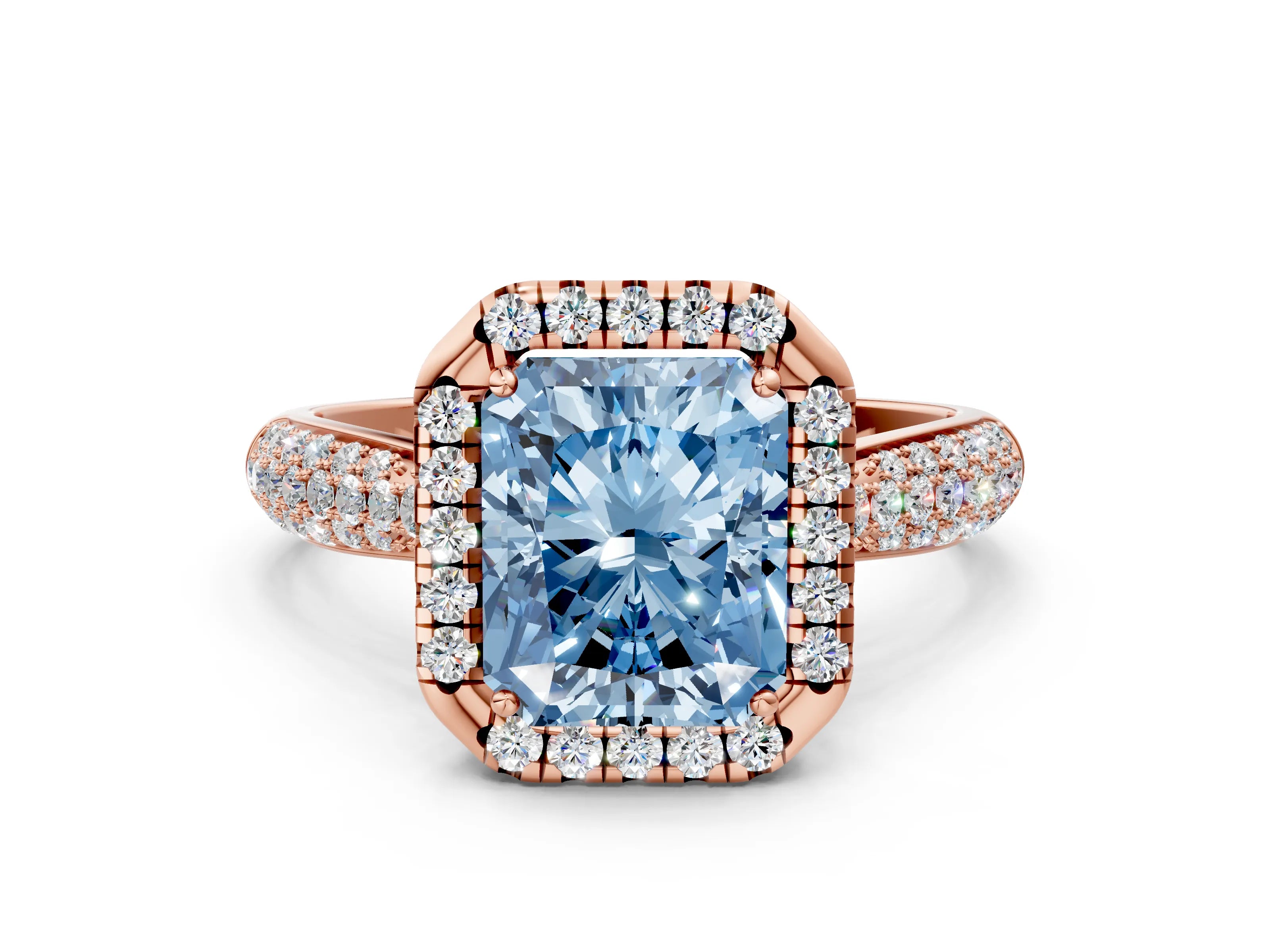 Rose gold Fancy Blue Radiant Cut Halo Diamond Ring with Pavé Band