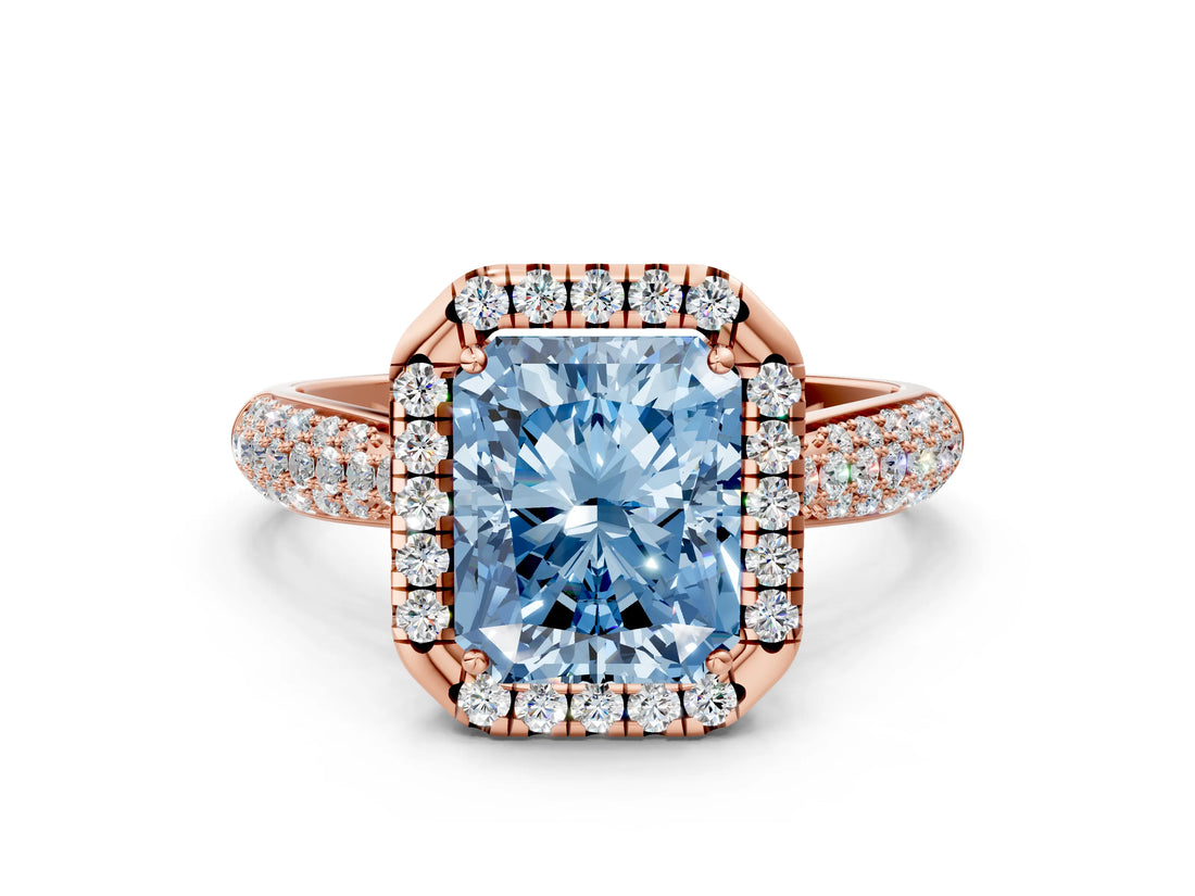 Rose gold Fancy Blue Radiant Cut Halo Diamond Ring with Pavé Band