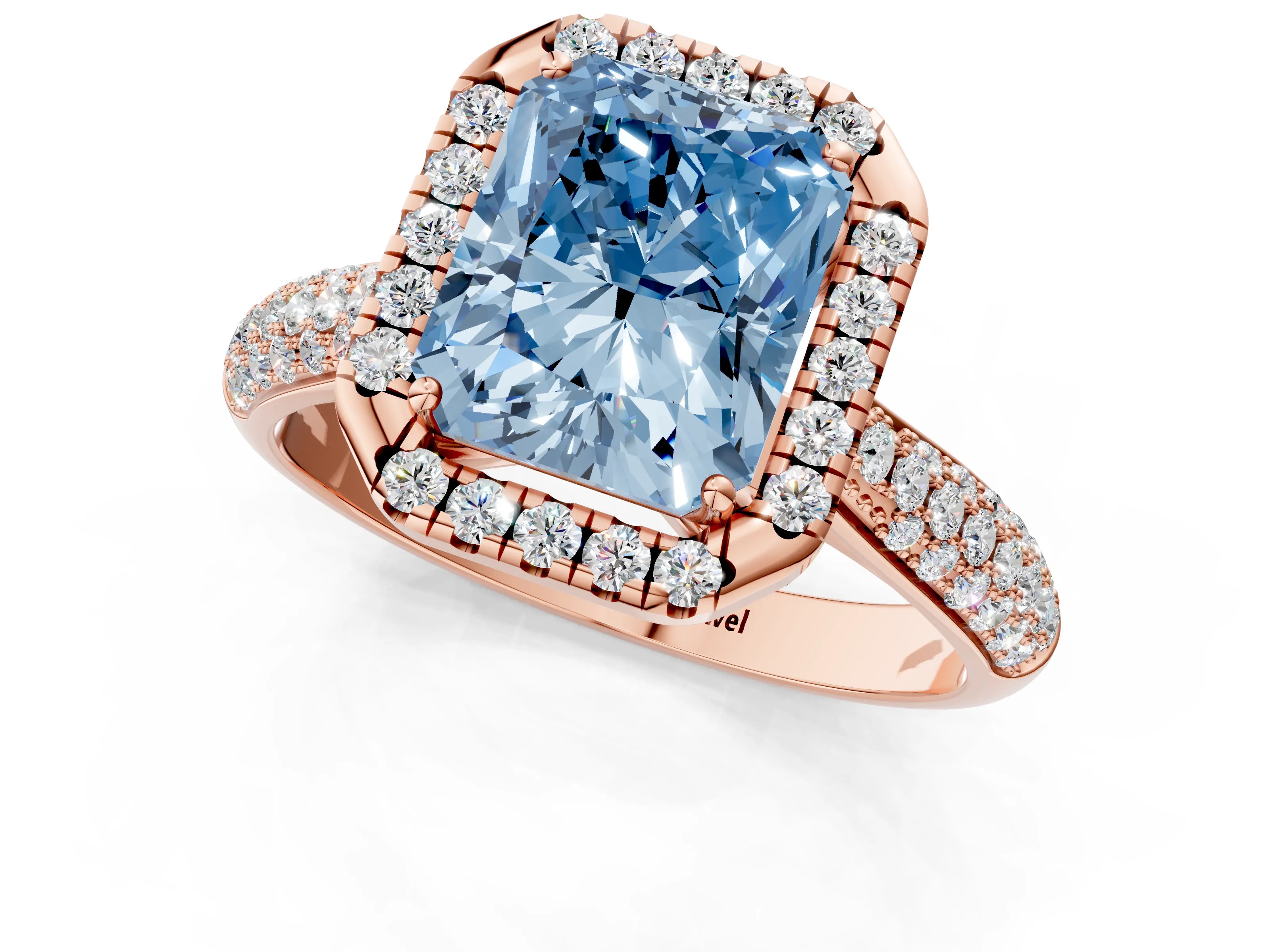 Rose gold Fancy Blue Radiant Cut Halo Diamond Ring with Pavé Band_1